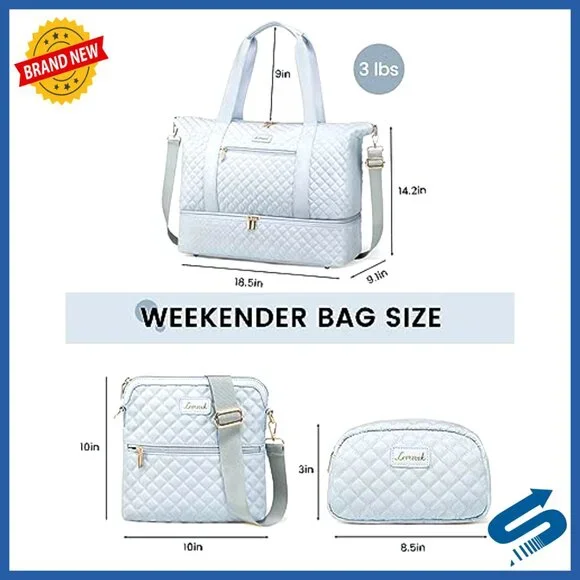 Spacious Travel Duffel Bag with Shoe Compartment, Makeup Bag, Crossbody Bag